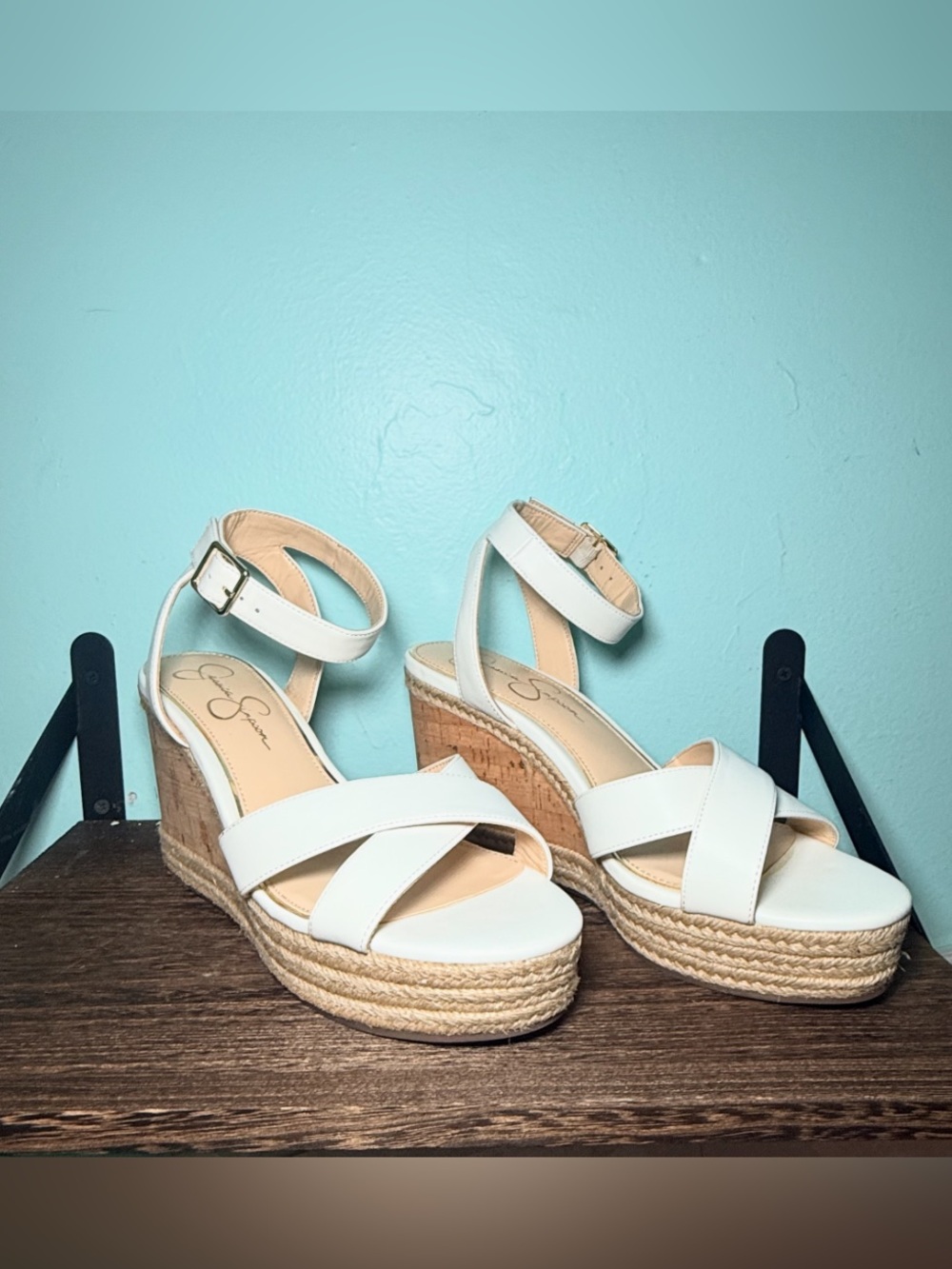 NWOT SZ 9 Jessica Simpson White Platform Wedge Sandals Espadrille Ankle Strap